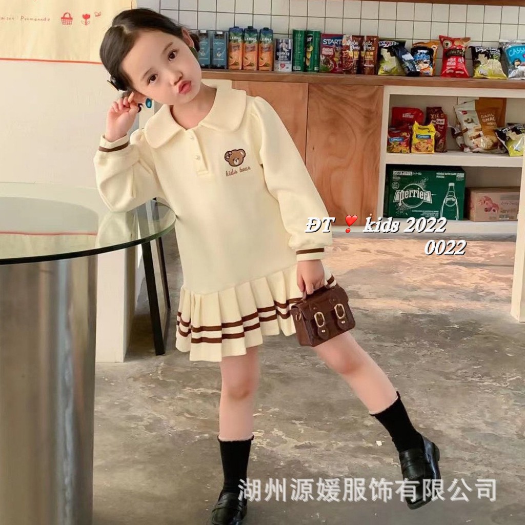 TẾT 2023: VÁY, ĐẦM POLO DÀI TAY thêu gấu BEAR cho bé gái 14-28kg