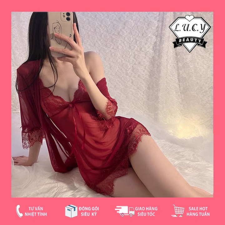 V02- Set váy ngủ kèm áo choàng ren sexy mặc mùa hè thu đông Đầm mặc nhà gợi cảm quyến rũ