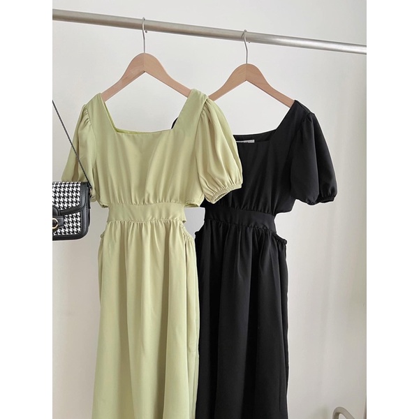 Đầm maxi dáng dài xẻ eo cổ vuông thắt nơ sau,Váy dài tay bồng hở eo bánh bèo (TTA139)
