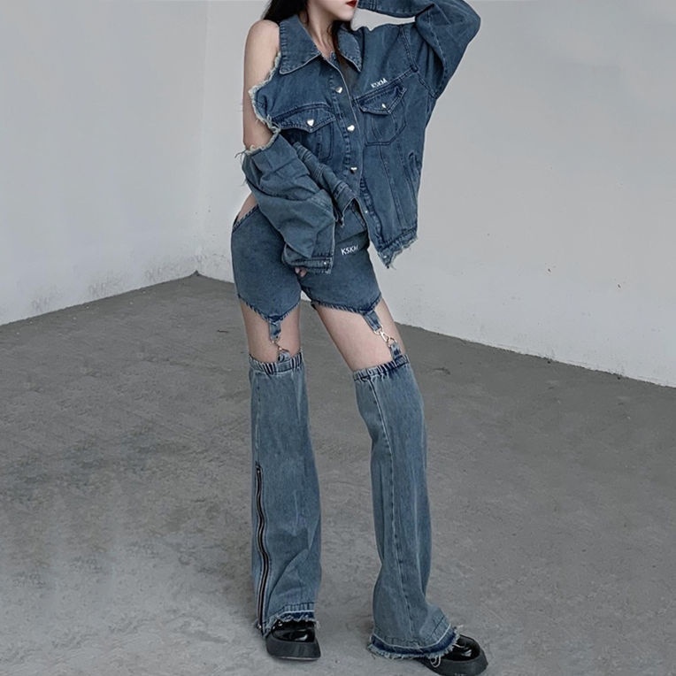 Hot Girl Quần Jeans Ghép Hai Mảnh Ống Xẻ Hai Dây Phối Khóa Kéo Có Thể Tháo Rời Phong Cách Đường Phố Xu Hướng