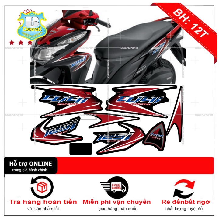 ( Quí khách vui lòng mang ra tiệm cho thợ dán ) Tem Click 125i đỏ đen mẫu zin