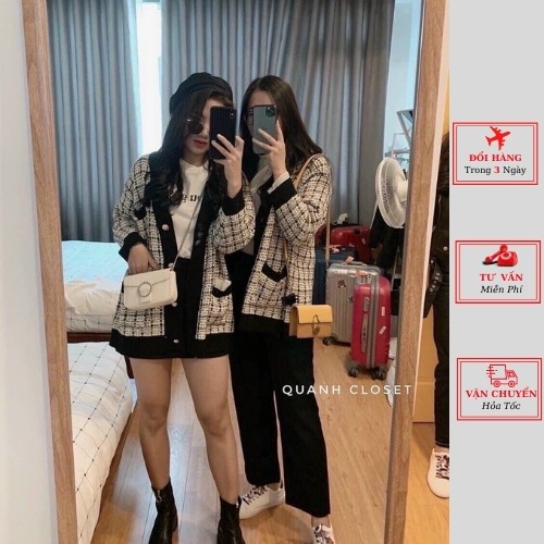 Áo cardigan len nữ dáng dài kẻ caro đen trắng ulzzang Hàn Quốc cá tính