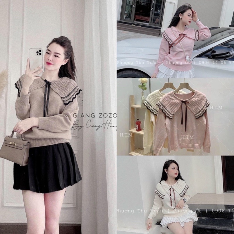 BÁN SỈ ÁO LEN CỔ BÈO BUỘC NƠ 2M HỒNG - KEM CHO NỮ