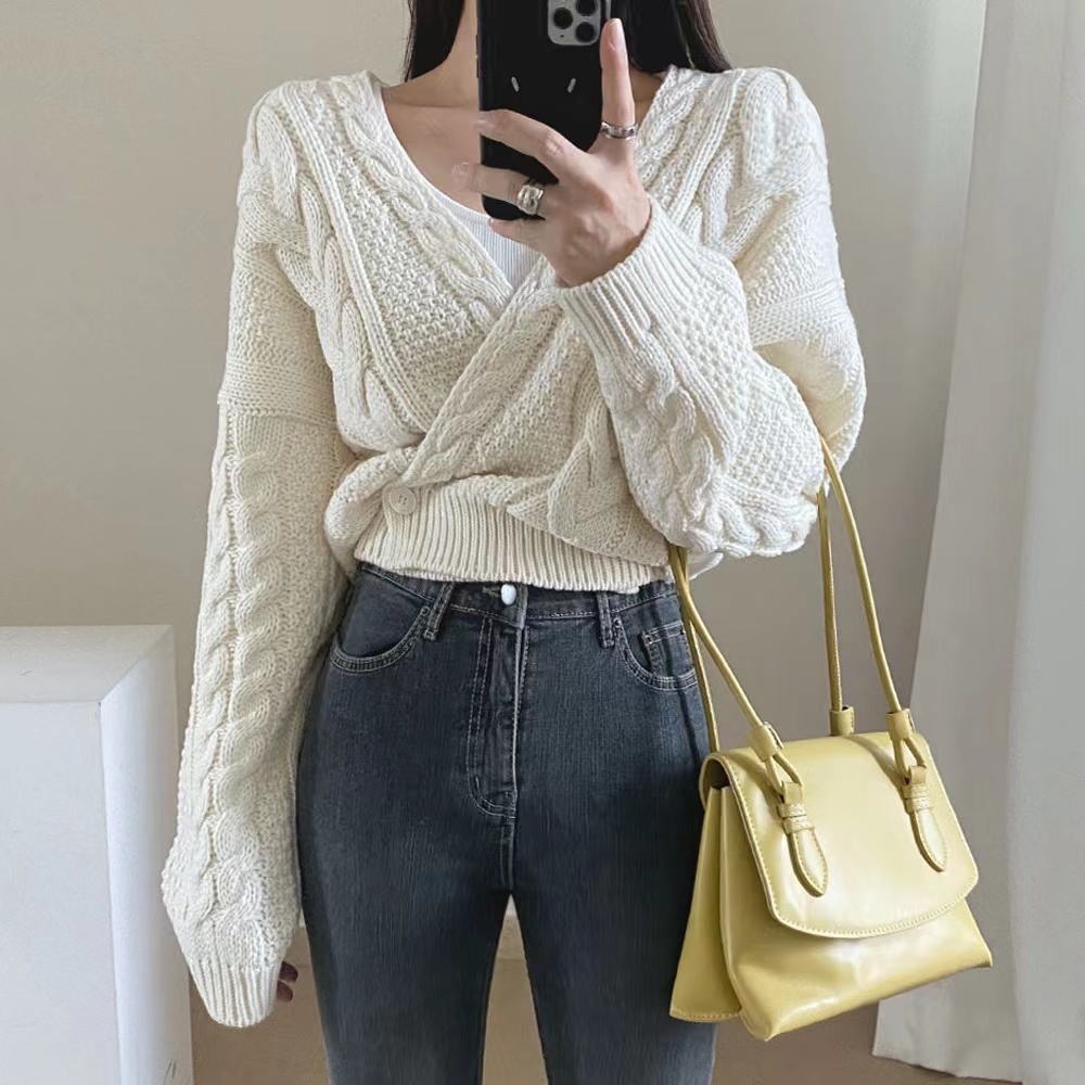DUNEA Áo Sweater Dệt Kim Cổ Chữ V Phối Một Hàng Nút Phong Cách Vintage Gợi Cảm Cho Nữ