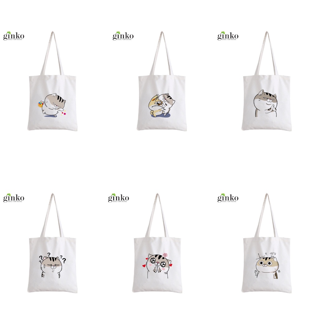 Túi Vải Tote GINKO Kiểu Basic dây kéo In Hình Mèo Ami