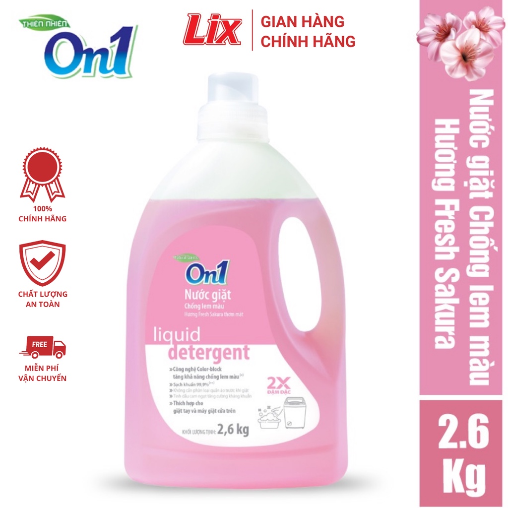 Nước giặt xả On1 chống lem màu hương Fresh Sakura 2.6Kg N6401 sạch khuẩn, khử mùi, thơm lâu cho giặt tay, máy