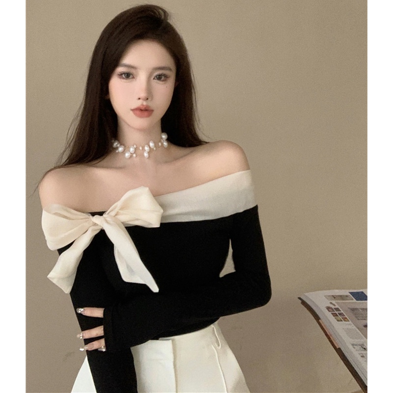 Áo Kiểu Tay Dài Trễ Vai Phối Nơ Thiết Kế Hợp Thời Trang