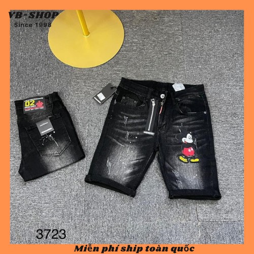 Quần short jean nam màu xám đậm co giãn vài dày dặn, thêu mickey nổi độc lạ chuẩn VB-SHOP 006