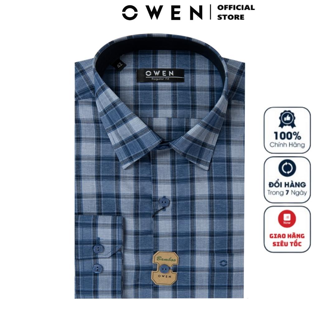 Áo Sơ Mi Nam Dài Tay OWEN AR220838DT Somi Công Sở Vải Sợi Tre Cao Cấp Kẻ caro navy trắng Dáng Regular Fit Tà Lượn Có Túi