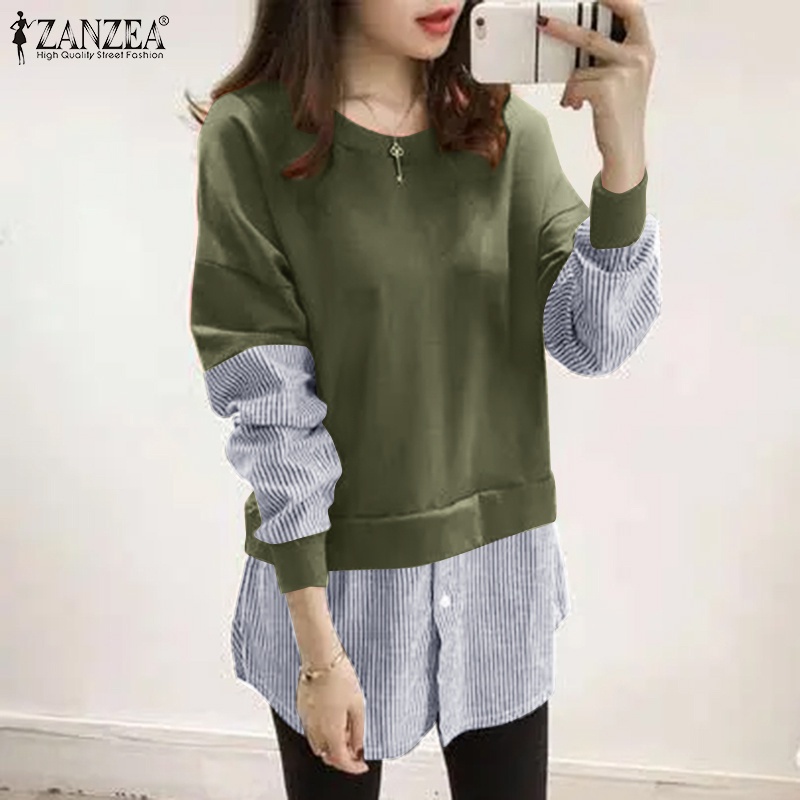 Áo nữ ZANZEA họa tiết sọc ghép nối dài tay cổ tròn giả hai lớp thời trang thường ngày