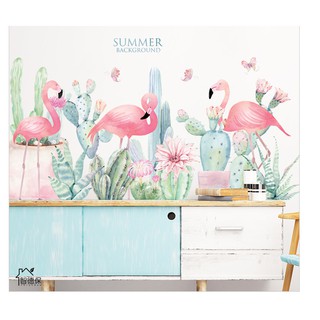 Decal dán tường hồng hạc và cây xương rồng