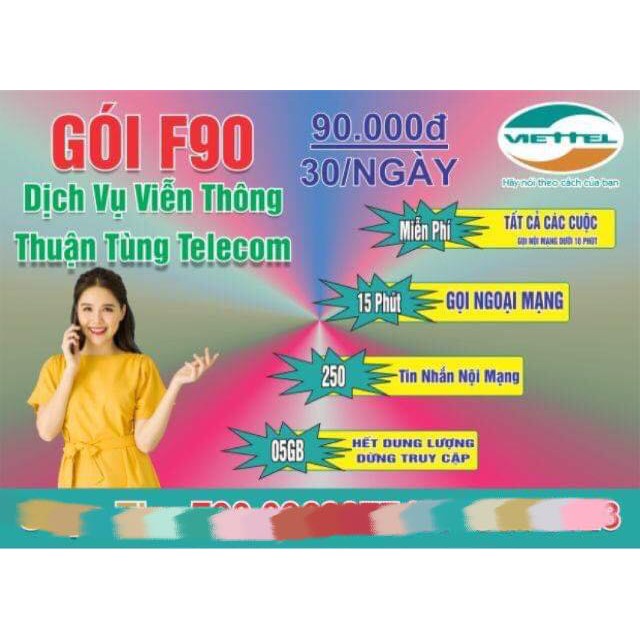 SIM VIETTEL 1 NĂM KHÔNG TỐN PHÍ GIA HẠN GÓI F90 KM 5GB/THÁNG GỌI-SMS MIỄN PHÍ