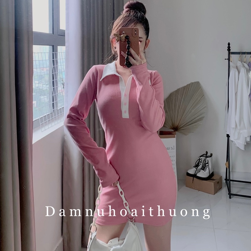 Váy body phối nút / đầm ôm tôn dáng cổ sơ mi màu hồng ruốc và đen - Đầm Nữ Hoài Thương