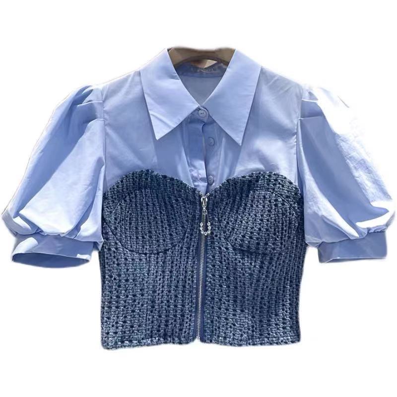 Áo sơ mi COZOKC denim ngắn tay dáng ôm kiểu cổ điển cá tính