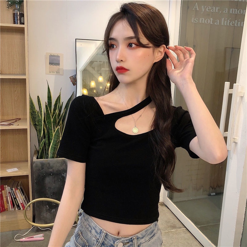 Áo Thun Tay Ngắn Màu Trơn Đơn Giản Cho Nữ 156300 Áo Thun Dáng Ngắn Hở Xương Quai Xanh Quyến Rũ Trẻ Trung Cho Bạn Gái