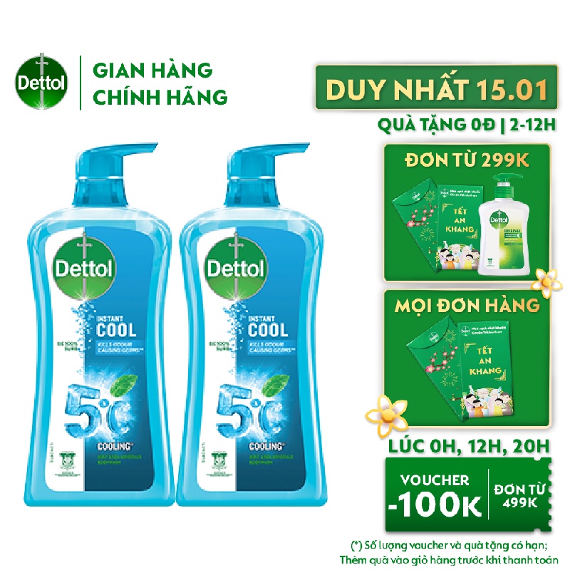 [Mã FMCGDET52 giảm 8% đơn 250k] Combo 2 chai sữa tắm Dettol mát lạnh tức thì - Chai 950g