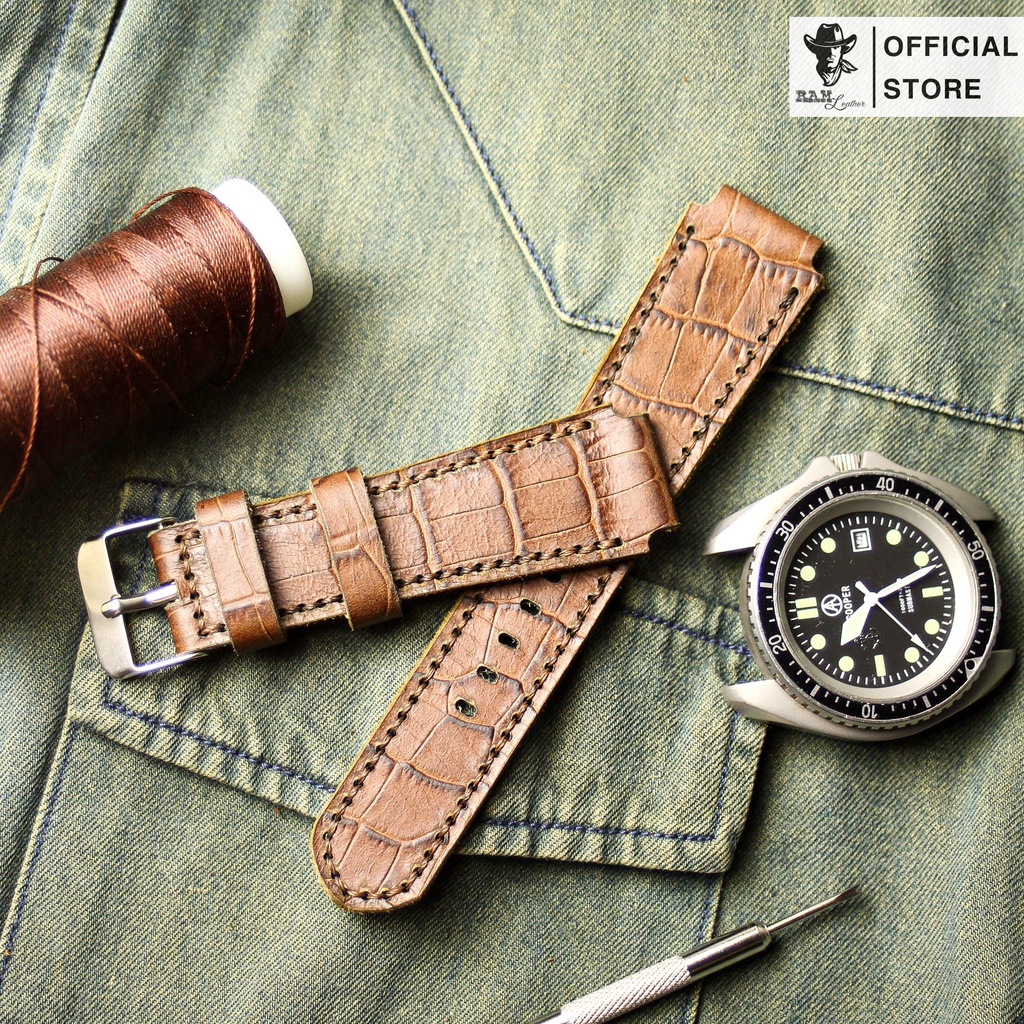 Dây Đồng Hồ Da Thật RAM Leather 1928 Da Bò Cho Casio AE 1200 WHD và đồng hồ dây 18mm Vân Cá Sấu  Bền Đẹp