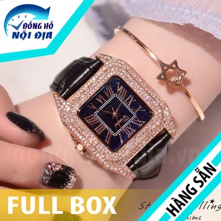 Đồng Hồ Nữ Dimini mặt vuông đính đá vàng dây da đen độc đáo quyến rũ