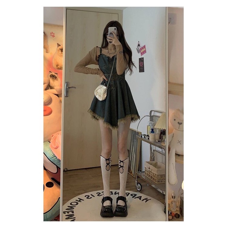 New Style Short Blouse+Sling Dress Irregular Denim Matched With Outer Shawl Sweet Cool Hot Girl Suit Women