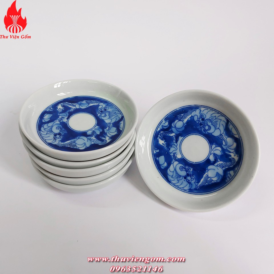 Bộ ấm chén Bát Tràng men lam vẽ long ẩn