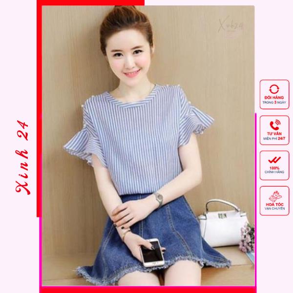 Áo Kiểu Nữ Tay Loe họa tiết kẻ sọc phong cách Hàn Quốc | BigBuy360 - bigbuy360.vn