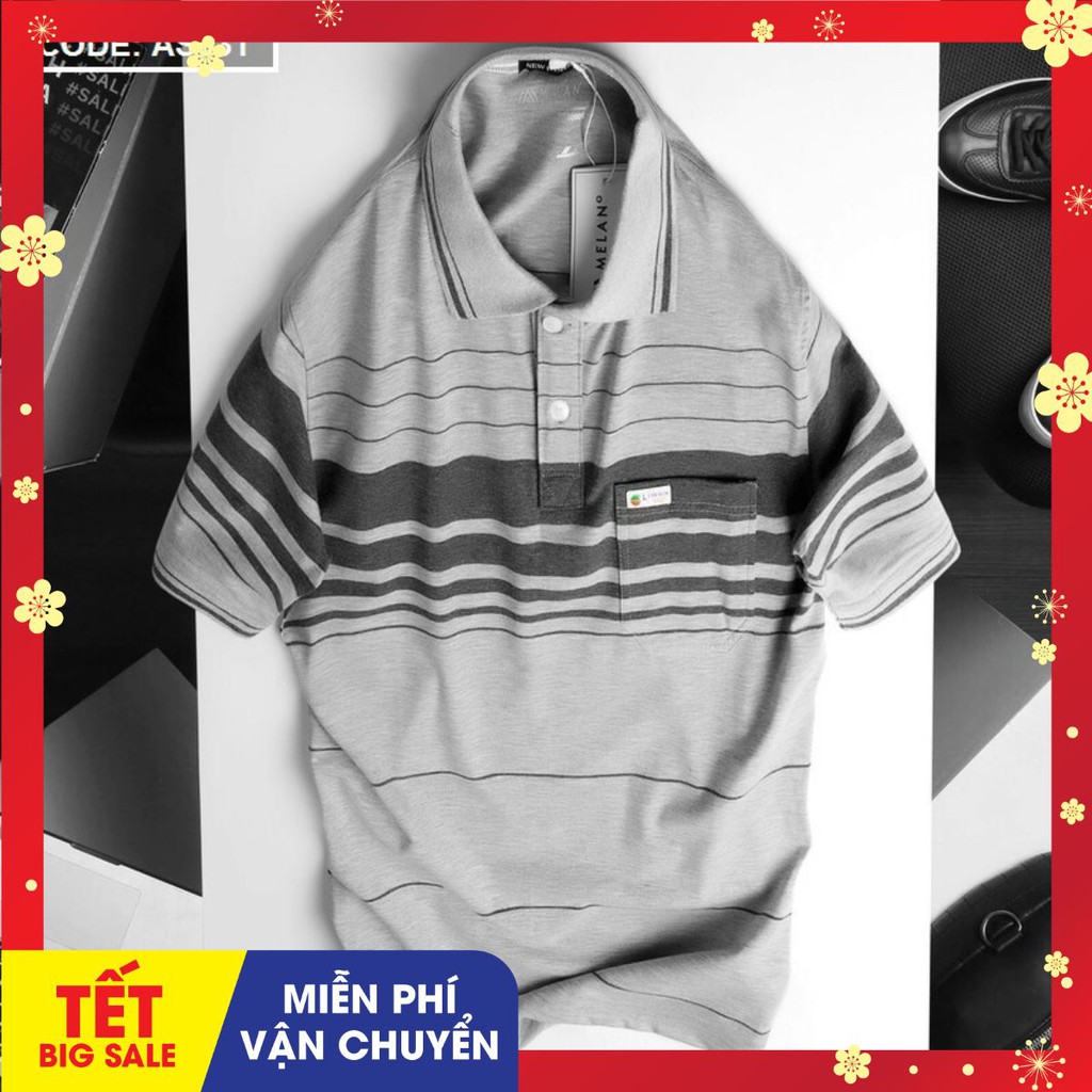 Áo Polo Nam Phối Sọc Trung Niên Cổ Bẻ Có Túi Vải Cá Sấu Cotton Xuất Xịn -ÁO POLO NAM | BigBuy360 - bigbuy360.vn