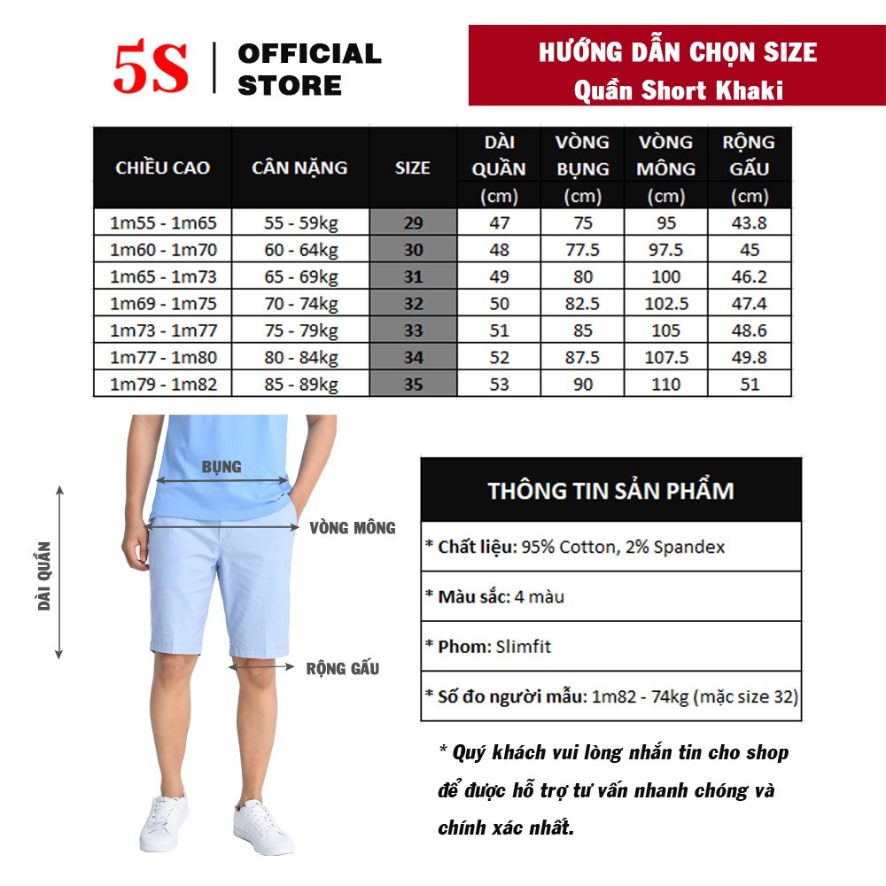 Quần Short Nam 5S (6 màu), Chất Kaki Cotton Co Giãn, Thấm Hút Tốt, Hạn Chế Nhăn (QSK21002-04)