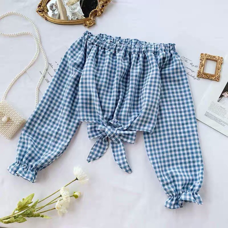 Áo caro kate bẹt vai tay dài phối nơ bụng siêu xinh TTSA0145