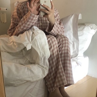 Bộ đồ ngủ pijama dài tay kẻ caro chất cotton đũi ulzzang hang quốc