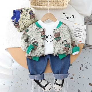 Set đồ ba món áo khoác hình gấu hoạt hình dễ thương thời trang mùa thu cho bé trai 0-7 tuổi