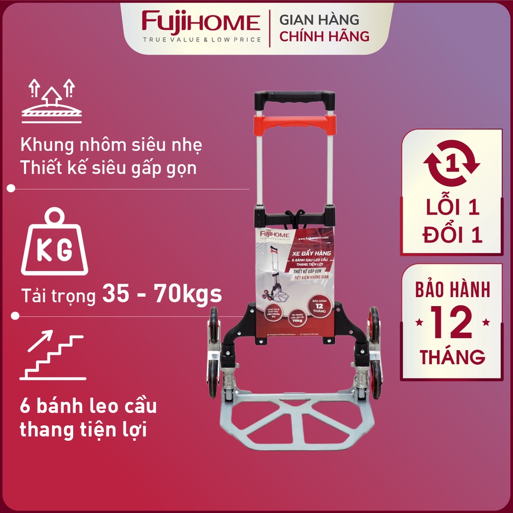 Xe kéo hàng leo cầu thang 6 bánh Nhập Khẩu Nhật Bản Fujihome 70kg, xe đẩy leo cầu thang gấp gọn đa năng siêu thị