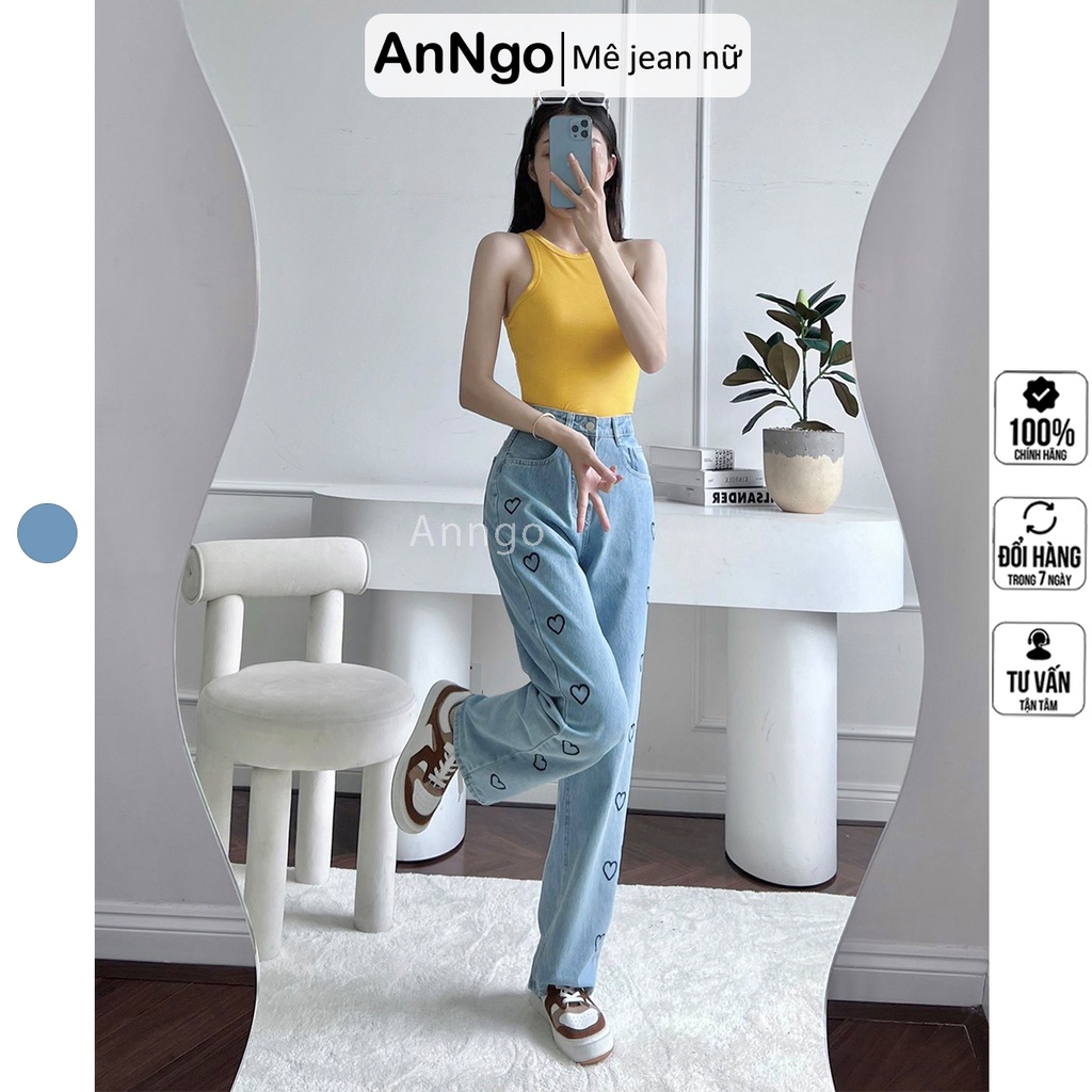 Quần jean nữ baggy ống rộng thêu họa tiết cực đẹp AnNgo - AT161 A