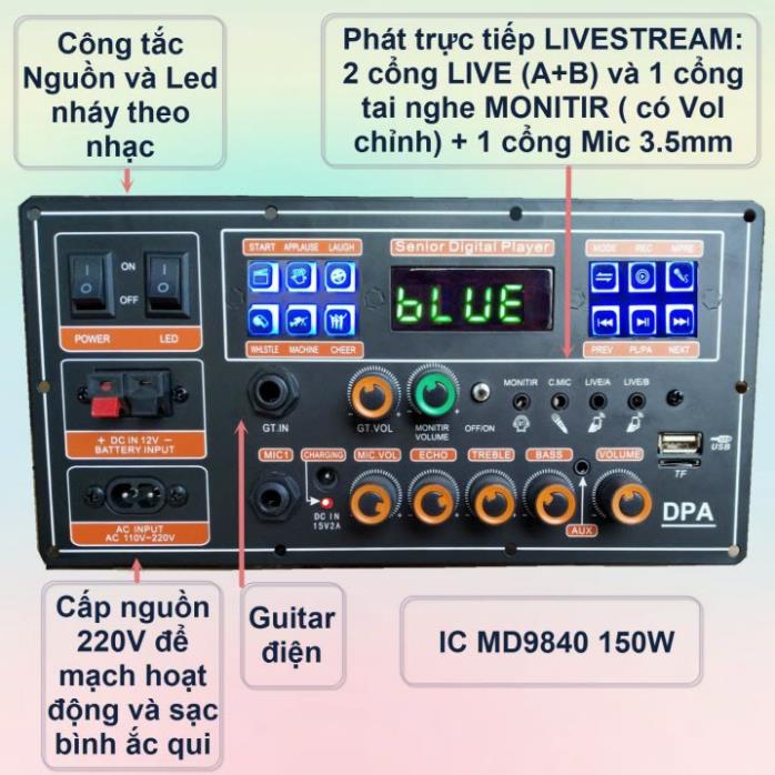 Mạch loa kéo LIVESTREAM DSP lập trình chống hú IC MD9840 150W có nguồn xung, Loa kéo 4 – 3 tấc đơn hoặc 3 – 2.5 tấc đôi