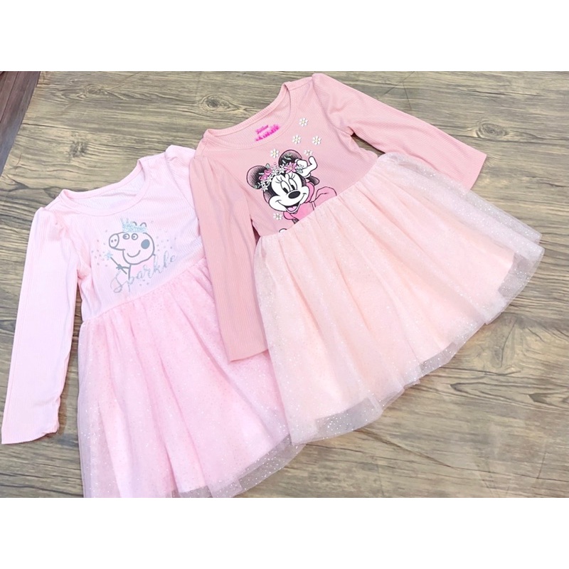 Xinh Yêu Váy/Đầm chân ren voan kim tuyến dư xịn Heo Peppa Minie dài tay bé gái dáng công chúa thu đông
