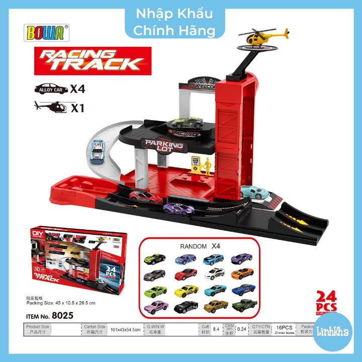 Đồ Chơi Bãi Đỗ Xe 2 Tầng 24 Chi Tiết Cho Bé Trai 4 Xe &amp; 1 Máy Bay Mô Hình Tĩnh Bowa - Racing Car Parking with Helicopter