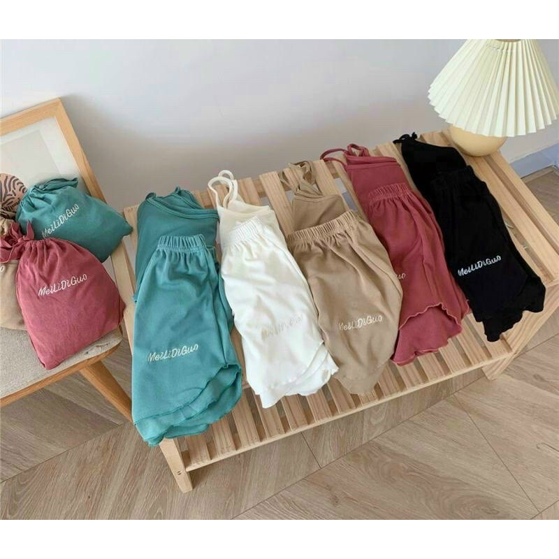Bộ ngủ 2 dây gân tăm thêu chữ tặng túi đựng
