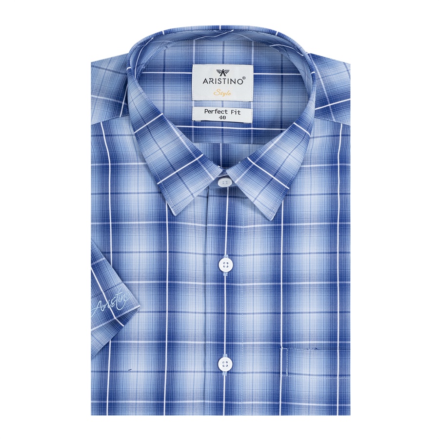 [MẪU MỚI] Áo sơ mi nam ngắn tay ARISTINO phom Perfect fit, họa tiết xanh kẻ trắng trẻ trung, lịch sự - ASS223S2