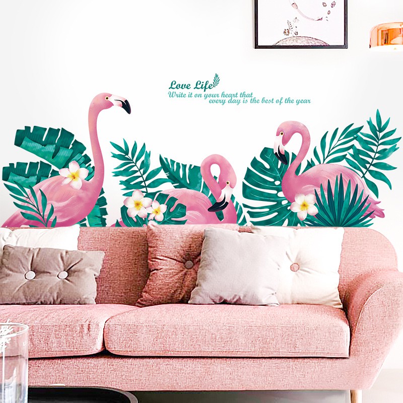 Decal dán tường Mẫu Hồng Hạc Bên Rừng Có keo sẵn , bóc dán được trên mọi bề mặt QR9099