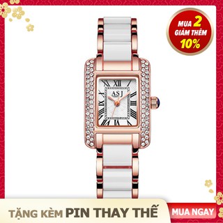[Tặng kèm pin loại tốt] Đồng hồ nữ đẹp giá rẻ ASJ, mặt chữ nhật, dây kim loại phối đá, máy của Nhật, 2 màu thời trang.