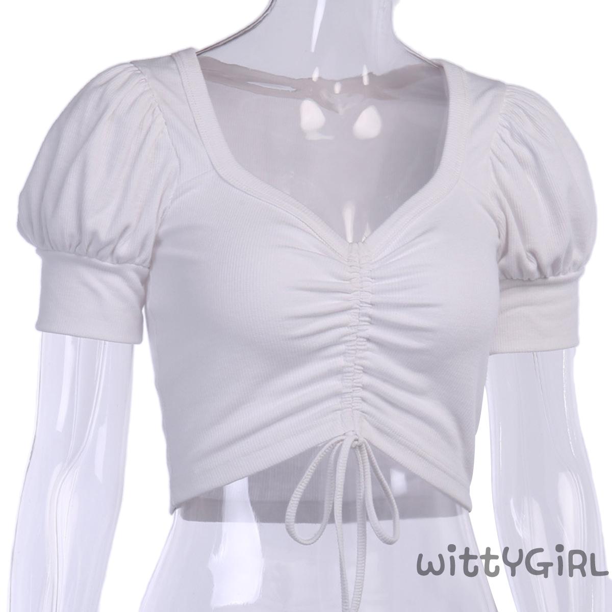W[]-Summer Sexy V-Neck T-shirt Women Crop Tops Solid Drawstring Tee | BigBuy360 - bigbuy360.vn