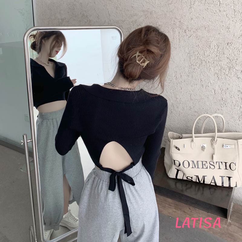 Áo croptop hở lưng cột dây tay dài nữ có cổ bẻ thun gân đen trắng kiểu sexy Hàn Quốc LATISA CRD10