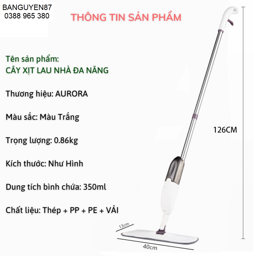 Cây lau nhà phun sương AURORA thông minh lau dọn dễ dàng 3 trong 1 đầu xoay 360 độ cao cấp