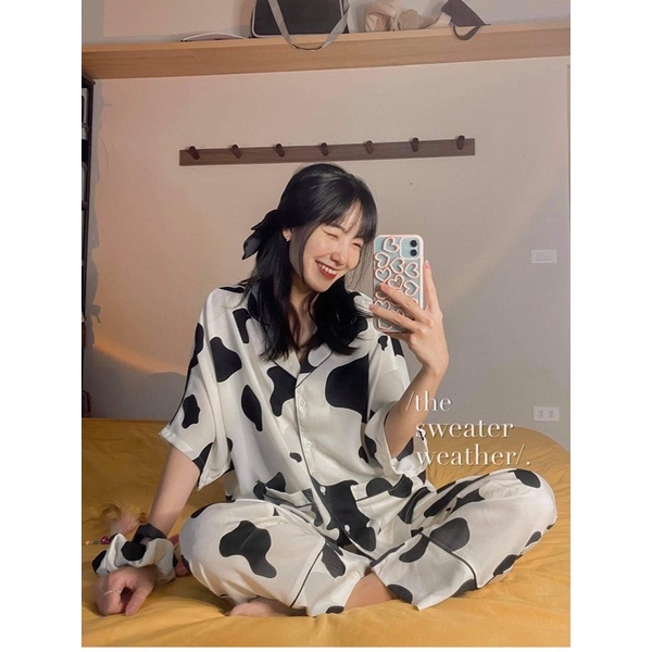 BỘ ĐỒ NGỦ SET PIJAMA QUẦN DÀI form rộng tay lỡ tặng kèm scrunchies, bộ ngủ dài (Ảnh thật) | BigBuy360 - bigbuy360.vn