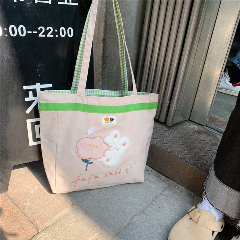 Youyo Túi Xách Mua Sắm Đeo Vai Bằng Cotton Thêu Hình Gấu Nhật Bản Cho Nữ