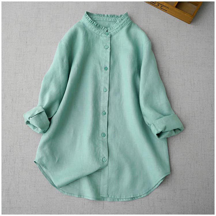 Áo Sơmi Nữ Thu Đông Dài Tay Cổ Bèo Dáng Suông Đuôi Cá Chất Liệu Linen