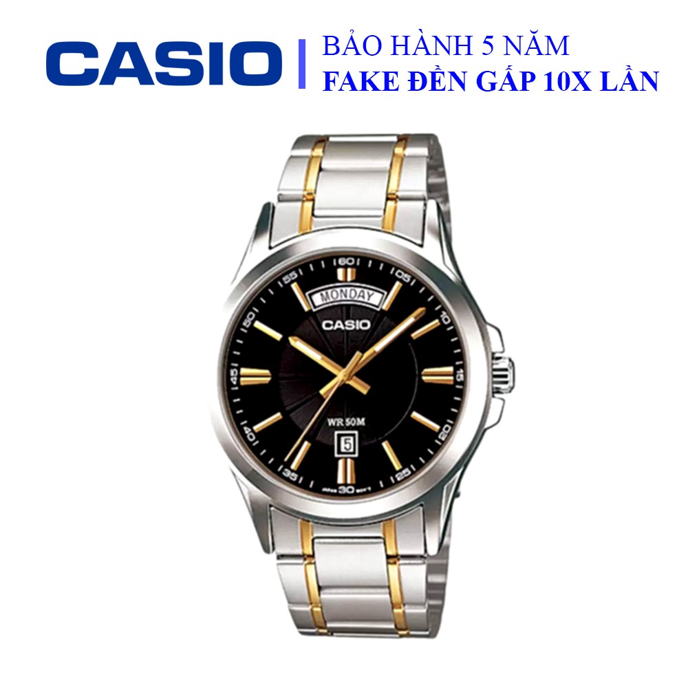 Đồng hồ Casio nam dây sắt thể thao, mặt đen viền bạc sang trọng, chống nước WR50M đi bơi (MTP-1381G-1AVDF)