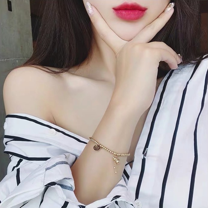 Vòng Đeo Tay May Mắn Bằng Thép Titanium Mạ Vàng Hồng 18K Mặt Hình Quả Bầu Phối Dây Co Giãn