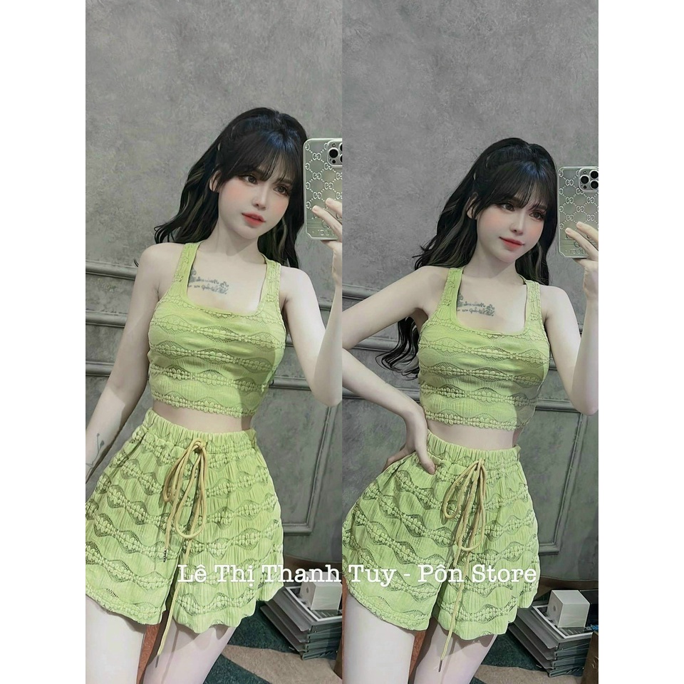 (FrêShip 2022) Sét bộ ba lỗ nữ,bộ len ren from croptop mix quần cột nơ,nhìu màu hottren,lên from chanh sả