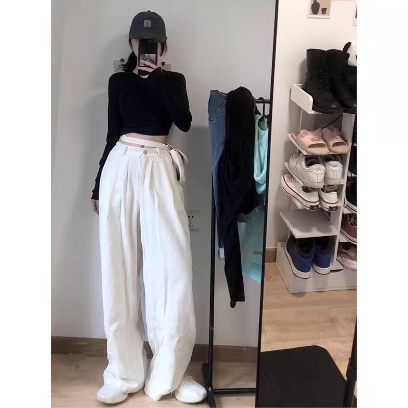 Quần kaki nhung ống rộng oversize Ulzzang unisex màu trắng dày dặn siêu chất 🤎