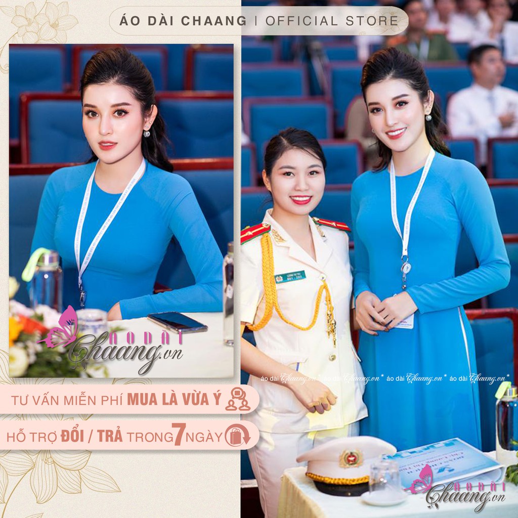 Áo dài xanh thiên thanh niên Chaang May sẵn vải áo dài lụa truyền thống cổ tròn đoàn viên đẹp